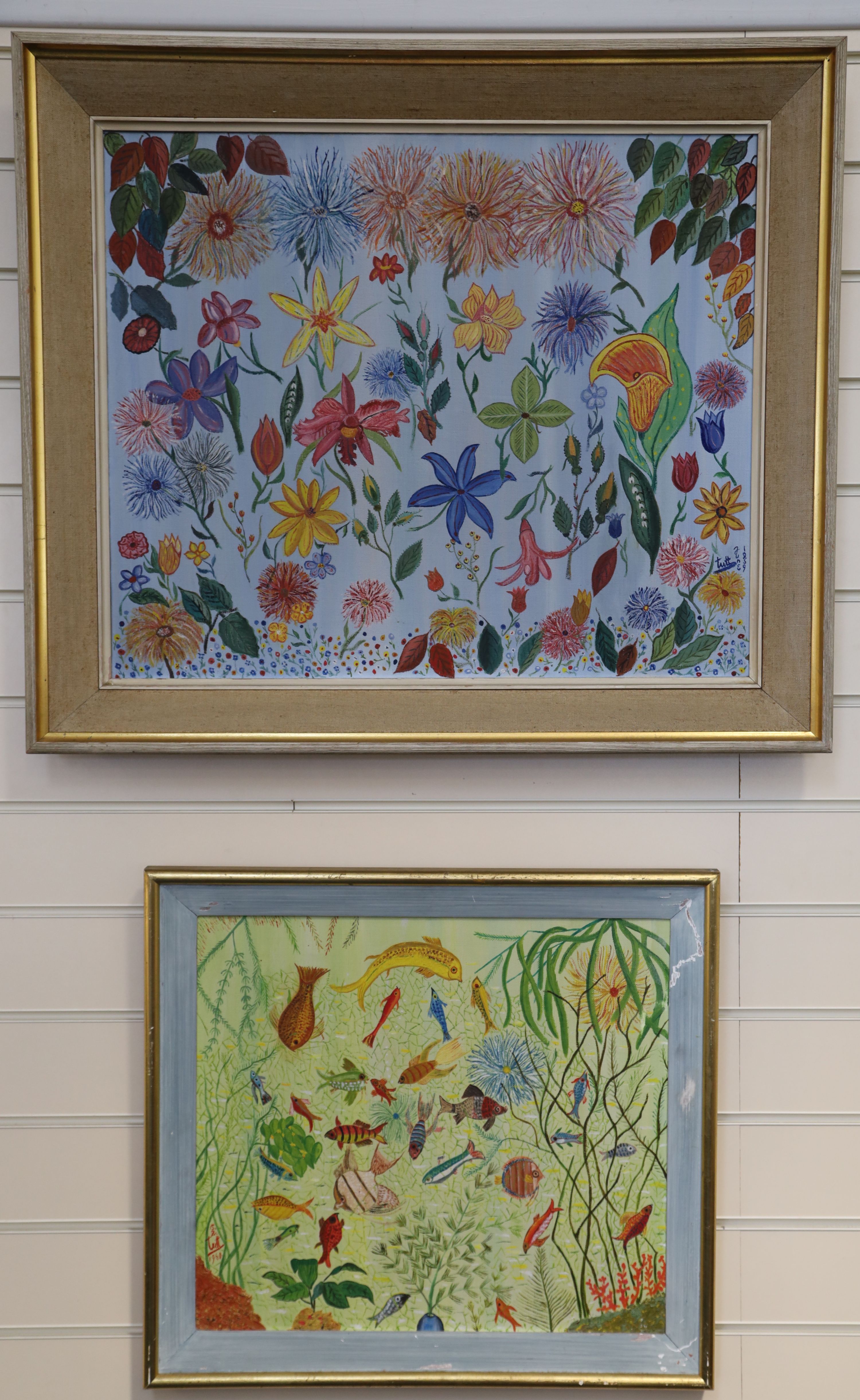 Tutt Flowers on a blue ground and Aquatic scene 50.5 x 61cm and 39.75 x 45.75cm